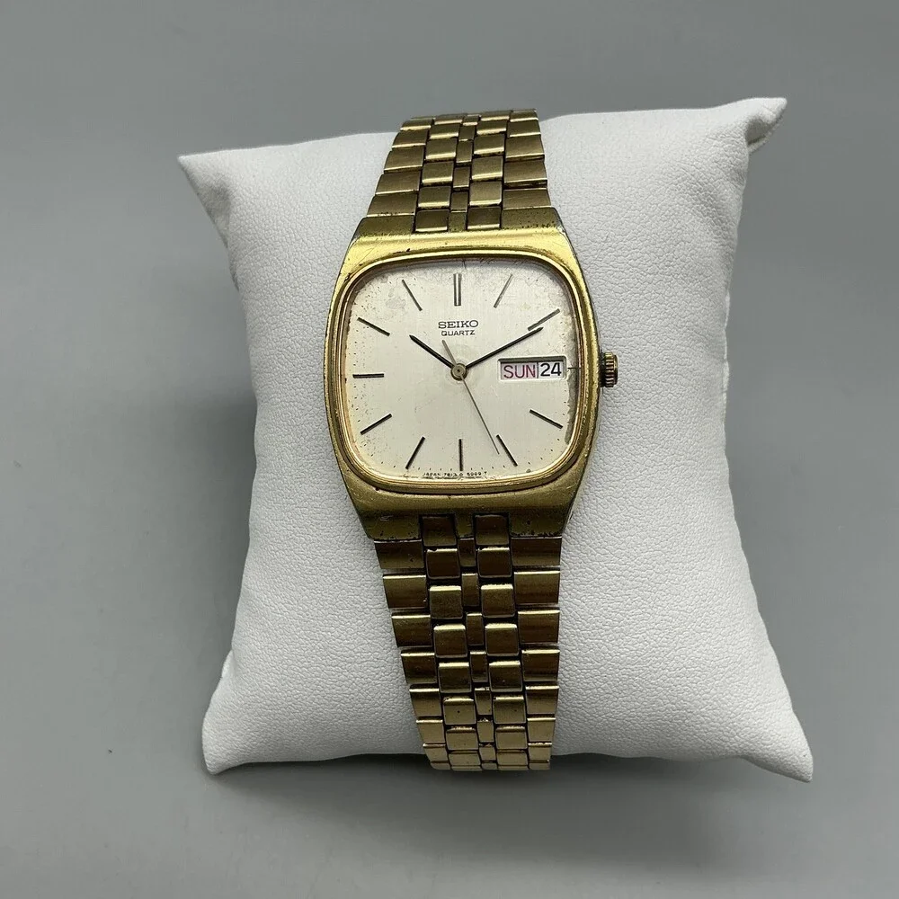 Vintage Seiko Mens Watch 31mm Gold Tone Day Date 7813-5009 New Battery
